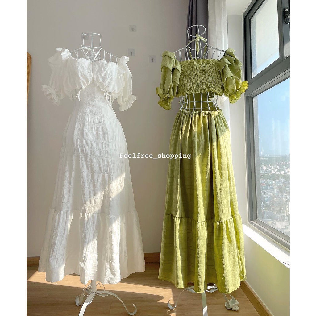 Đầm Xanh/Trắng Feelfree Cổ Vuông Dáng Dài Hở Eo Lưng 2 Lớp Mặc Đi Tiệc, Đi Chơi, Kỷ Yếu (Hình Thật) D003