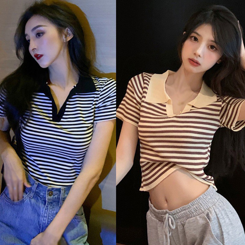 Áo thun polo tay ngắn họa tiết kẻ sọc thời trang dành cho nữ