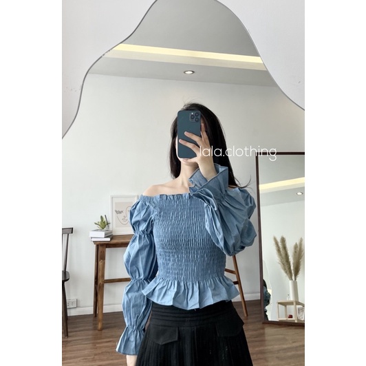 (SẴN) Áo thô xanh trễ vai