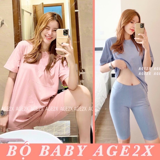 Set Bộ đồ thun AGE2X pastel tôn da tôn dáng, gồm quần biker short và áo thun trơn AGE2X