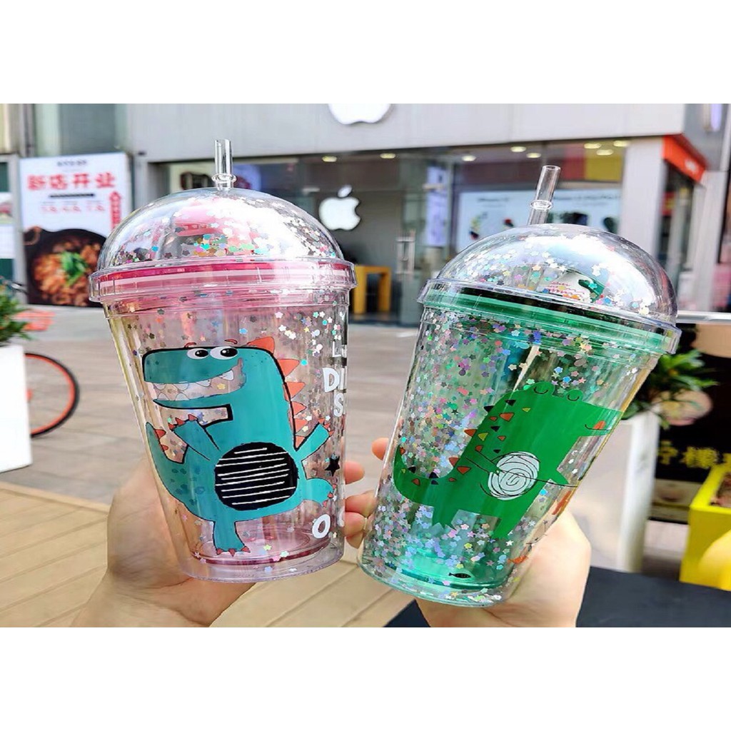 Ly giữ nhiệt Khủng long 3D kim tuyến nhiều màu sắc  380ml