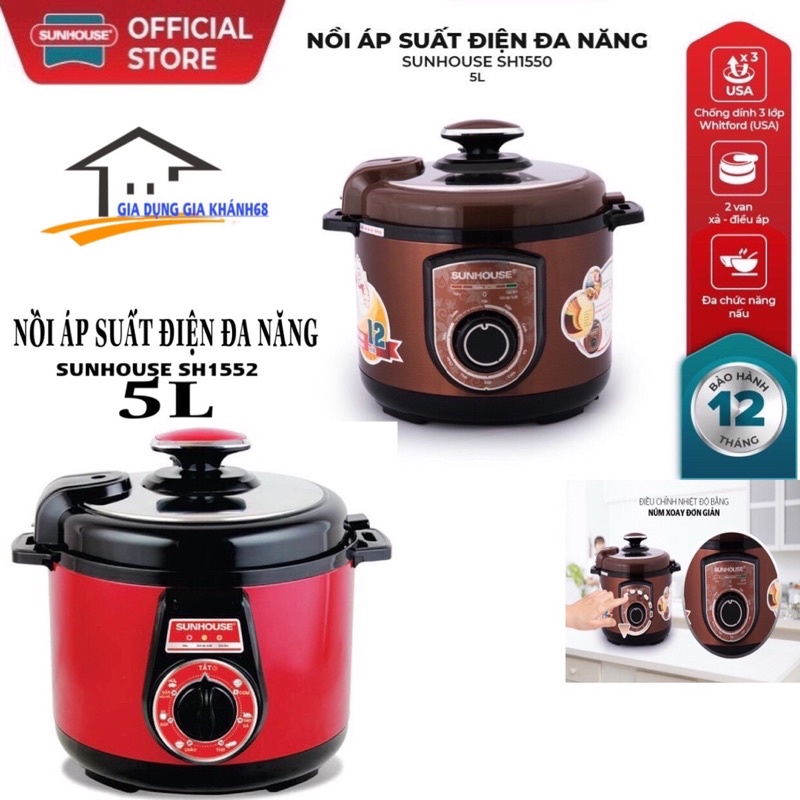 Nồi áp suất điện đa năng SUNHOUSE 5lit SHD1550 , Nồi áp suất điện Sunhouse SHD1552 HÀNG CHÍNH HÃNG