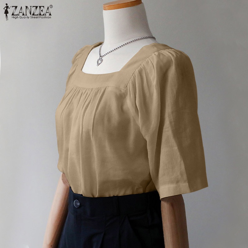 ZANZEA Áo Nữ Tay Ngắn Cổ Vuông Phong Cách Hàn Quốc Thời Trang