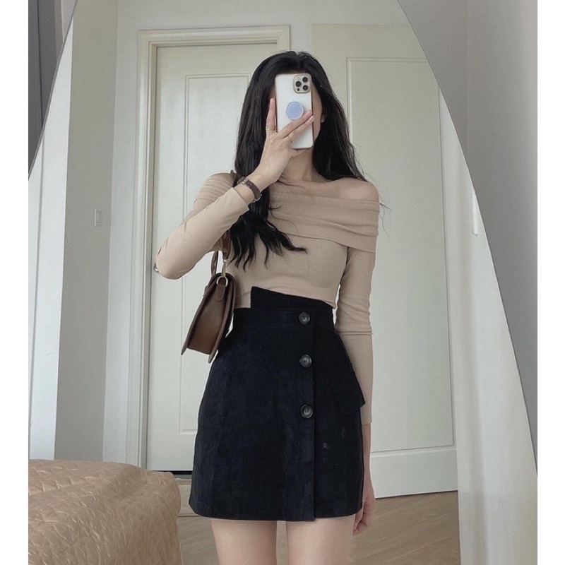 Set áo trễ vai tăm + chân váy xếp ly kaki vintage