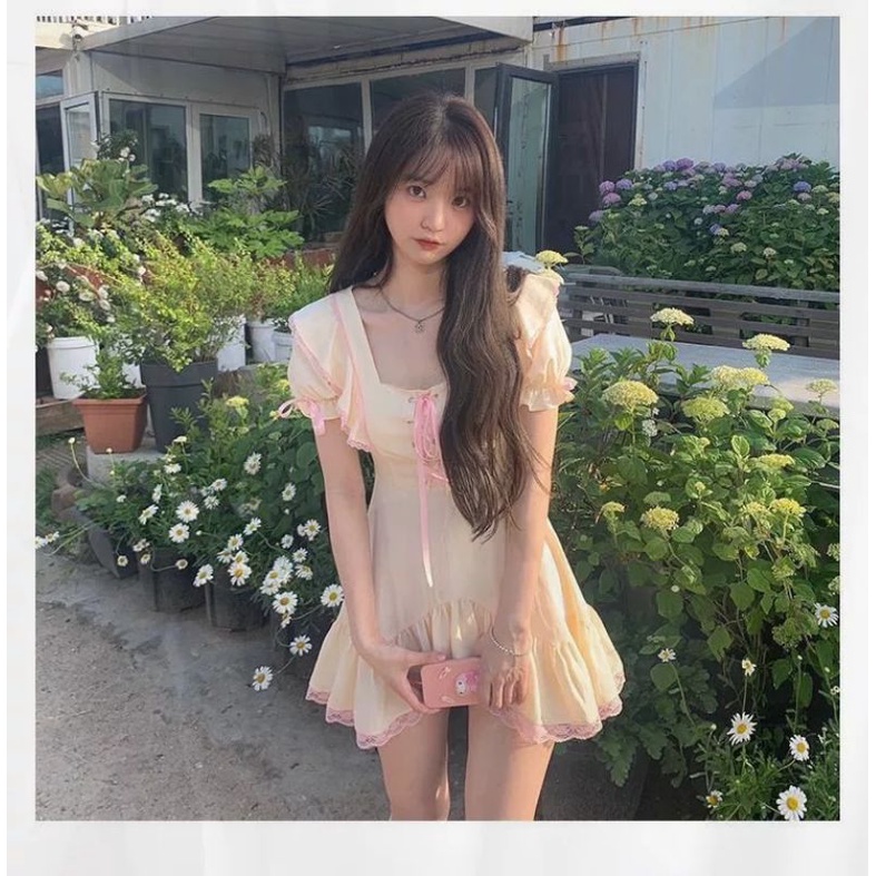 Đầm xòe babydoll trơn tay phồng đuôi cá voan màu vàng oder taobao