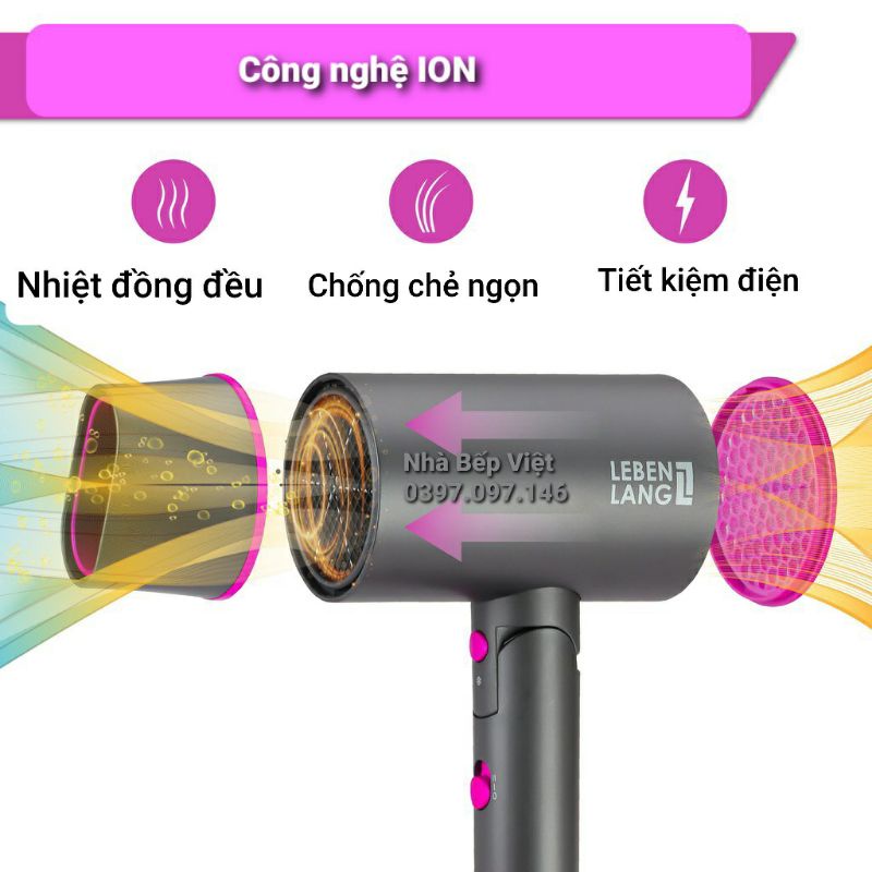 Máy sấy tóc Lebenlang công nghệ ion chống xơ rối và chẻ ngọn, 220V-2100W LBH3088P, BH 2 năm