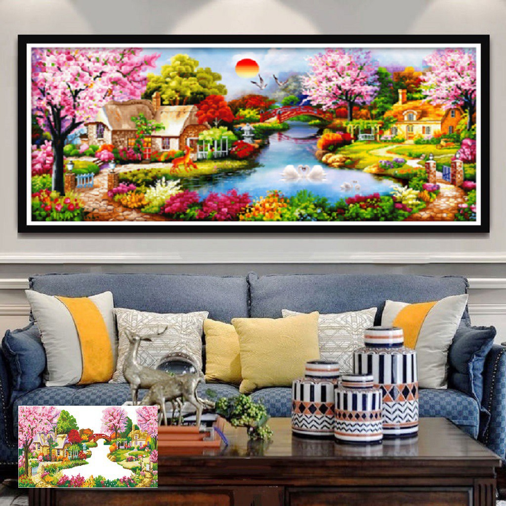 Tranh thêu chữ thập phong cảnh Mùa Xuân Ấm Áp KT:132x62cm