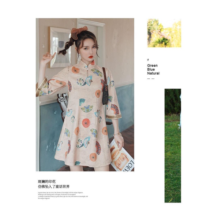 Đầm sườn xám chữ A tay 7 tấc dáng xòe phong cách Trung Hoa thời trang xuân hè cho nữ