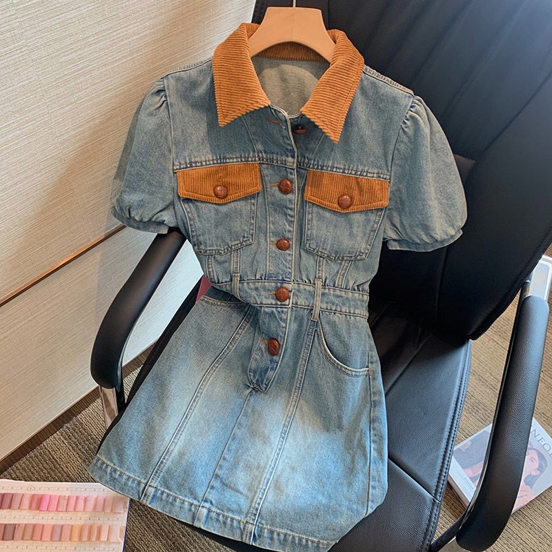 Đầm denim tay phồng nhỏ nhắn phong cách Pháp retro thời trang mùa hè 2022 mới dành cho nữ