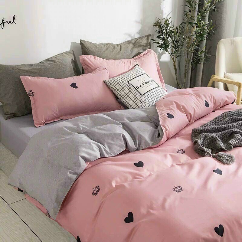 Bộ chăn ga gối Cotton Poly Decor Bedding phong cách Hàn Quốc Drap giường cotton  họa tiết trái tim