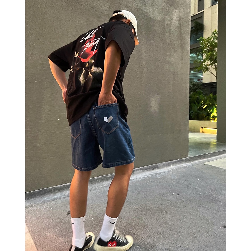 Quần SHORT JEAN deepblue CHUOTTRANG Logo ống rộng