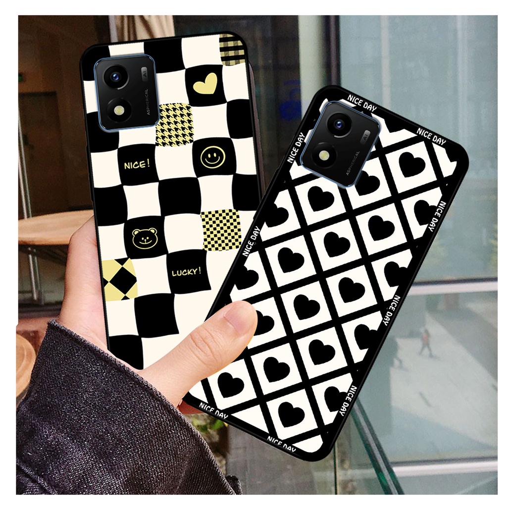 Ốp lưng Vivo Y01 in hoạ tiết caro trái tim đen trắng, gấu bear cute đáng yêu