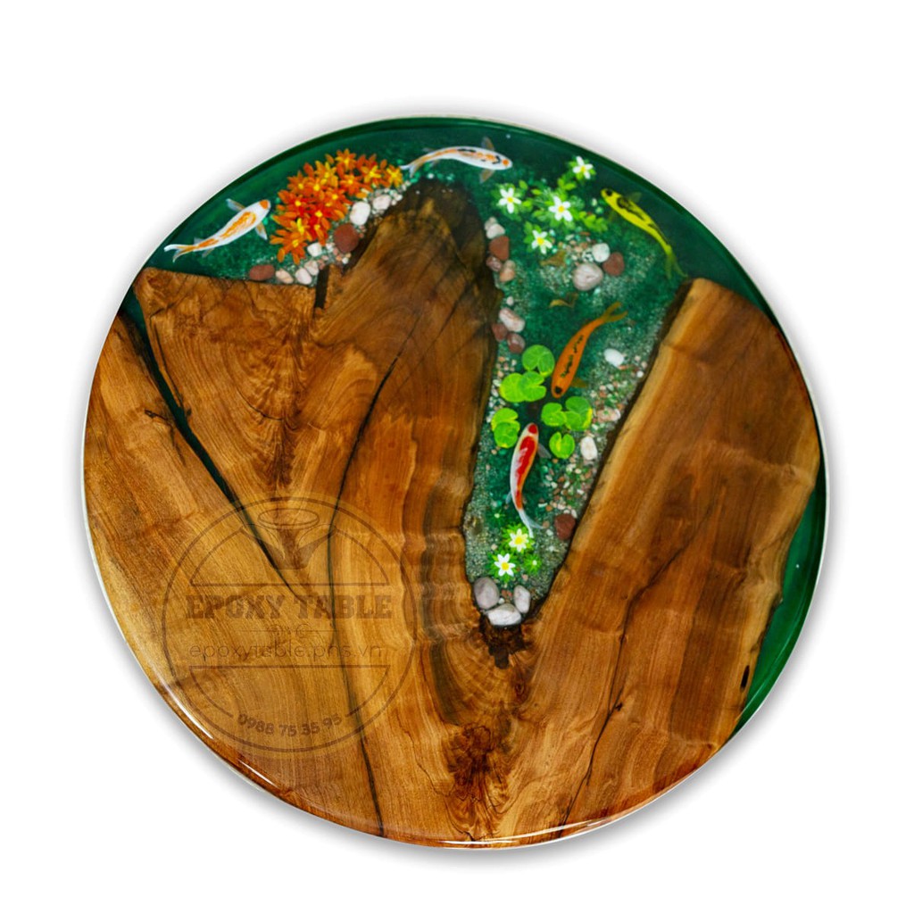 Bàn gỗ đổ keo Epoxy, mặt bàn Epoxy vẽ cá koi 3D KT: 700mm