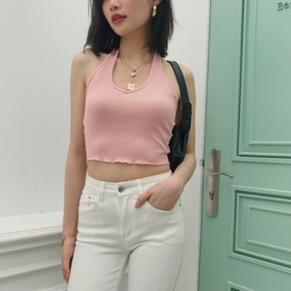 Áo croptop tăm cổ yếm gấu nhăn a1736