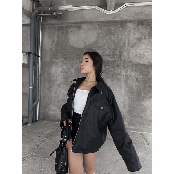 Áo khoác da local brand Destruction màu đen cổ bẻ form boxy