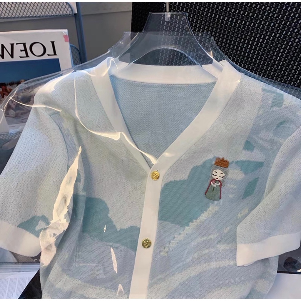 Xiaozhainv Áo cardigan Ngắn Tay Cổ Chữ V Thêu Họa Tiết Màu Sắc Tương Phản retro Cho Nữ