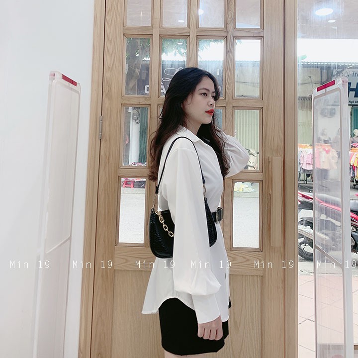 Áo sơ mi nữ công sở Hàn Quốc tay phồng dáng dài sang chảnh họa tiết trơn kiểu form rộng bigsize màu trắng thời trang