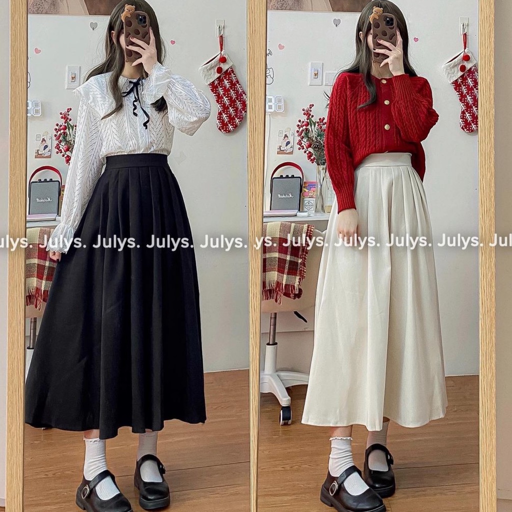 Chân váy xếp li dáng dài vintage form xòe chất kaki 2 da chuzme