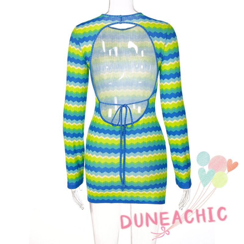 DUNEA Đầm Tay Dài Cổ Tròn Hở Lưng Họa Tiết Kẻ Sọc Thời Trang Cho Nữ