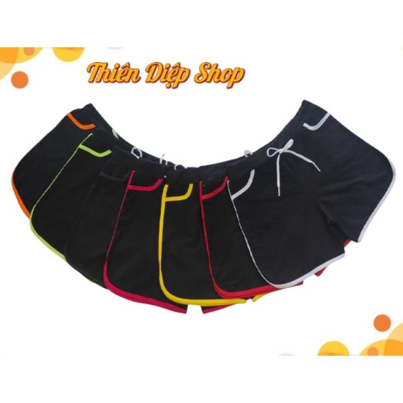 Quần đùi nữ viền sọc mặc nhà màu đen, quần dây rút vãi thun cotton 4 chiều co giãn thoáng và thấm hút mồ hôi, mặc nhà