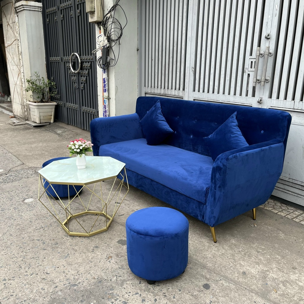 Bộ Sofa Phòng Khách Giá Rẻ Gỗ Xanh - Sofa Vải Nhung Màu Xanh Dương Mềm Mại