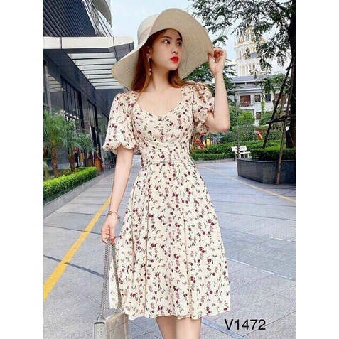 Đầm hoa tay búp cột nơ sau, đầm hoa dáng dài đính nút thắt dây eo phong cách hàn quốc, màu sắc thanh lịch, nhã nhặn