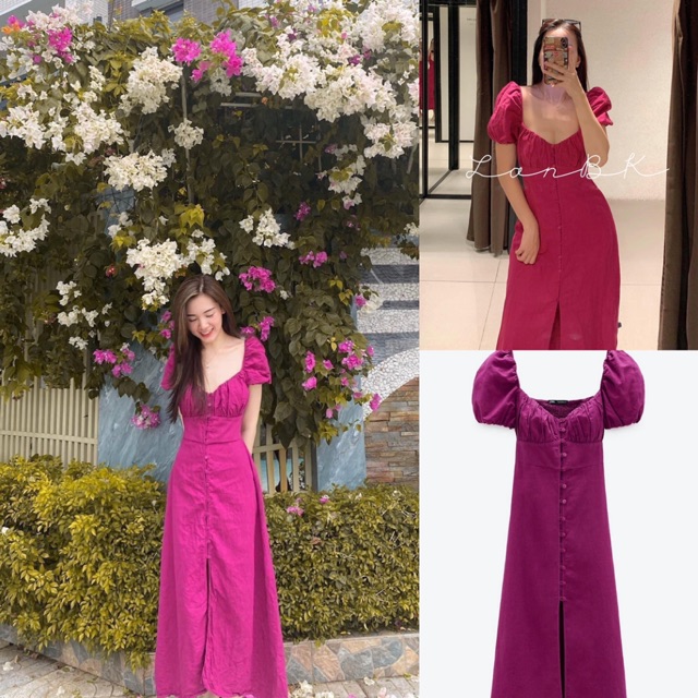 [CÓ SẴN -XUẤT-ẢNH THẬT] Váy đầm maxi Zara xuất xịn vải linen chuẩn tay bồng màu hồng tím đi biển du lịch