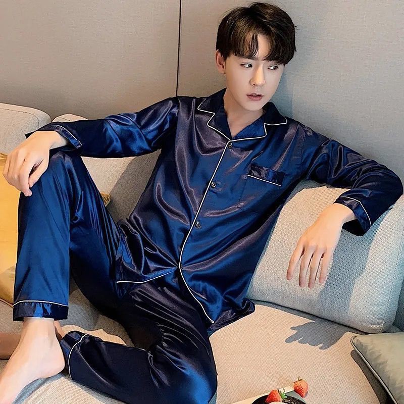 đồ ngủ pyjama nam Spring and Autumn ice silk phần dài tay mỏng cộng với chất béo và size in dễ thương hoạt hình m