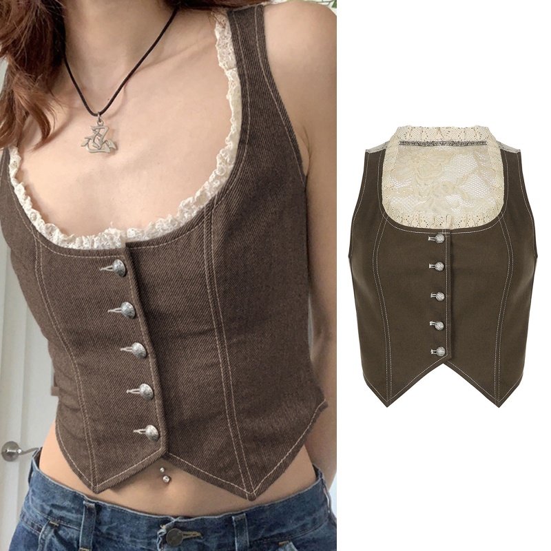 Áo Croptop Sát Nách Cài Nút Phối Ren Kiểu Retro Gợi Cảm Dễ Phối Đồ