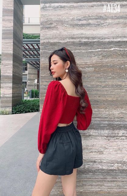 Áo crop xếp li tay dài (có ảnh thật)