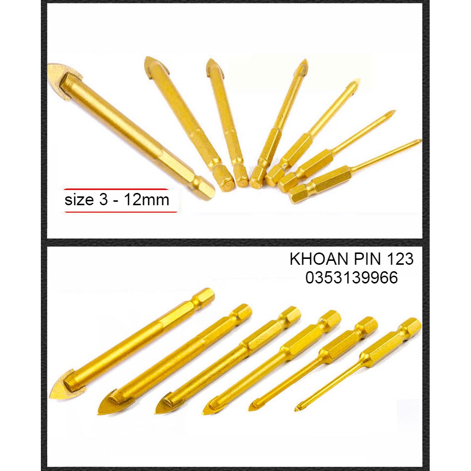 Bộ 7 mũi khoan kính, khoan gạch chuôi lục giác 6.35mm đầu 2 cạnh màu vàng chống rỉ 3 - 12mm