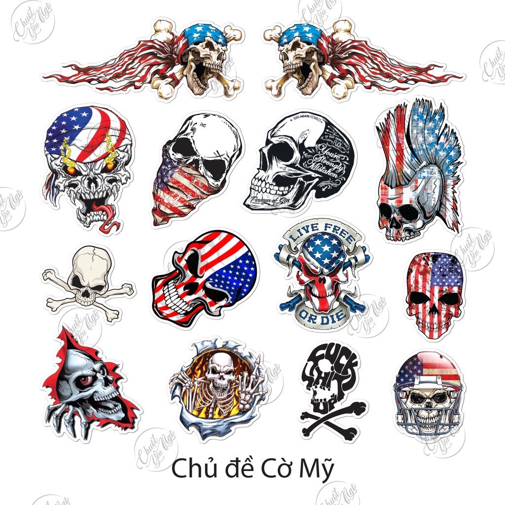 Sticker chủ đề đầu lâu skull chống nước dán laptop, xe, đàn guita, nón bảo hiểm