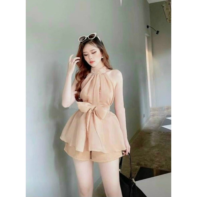 [FREESHIP] Áo voan kiến sát nách cột nơ nữ tính 4 màu hồng , nude , vàng và đen UKLY21