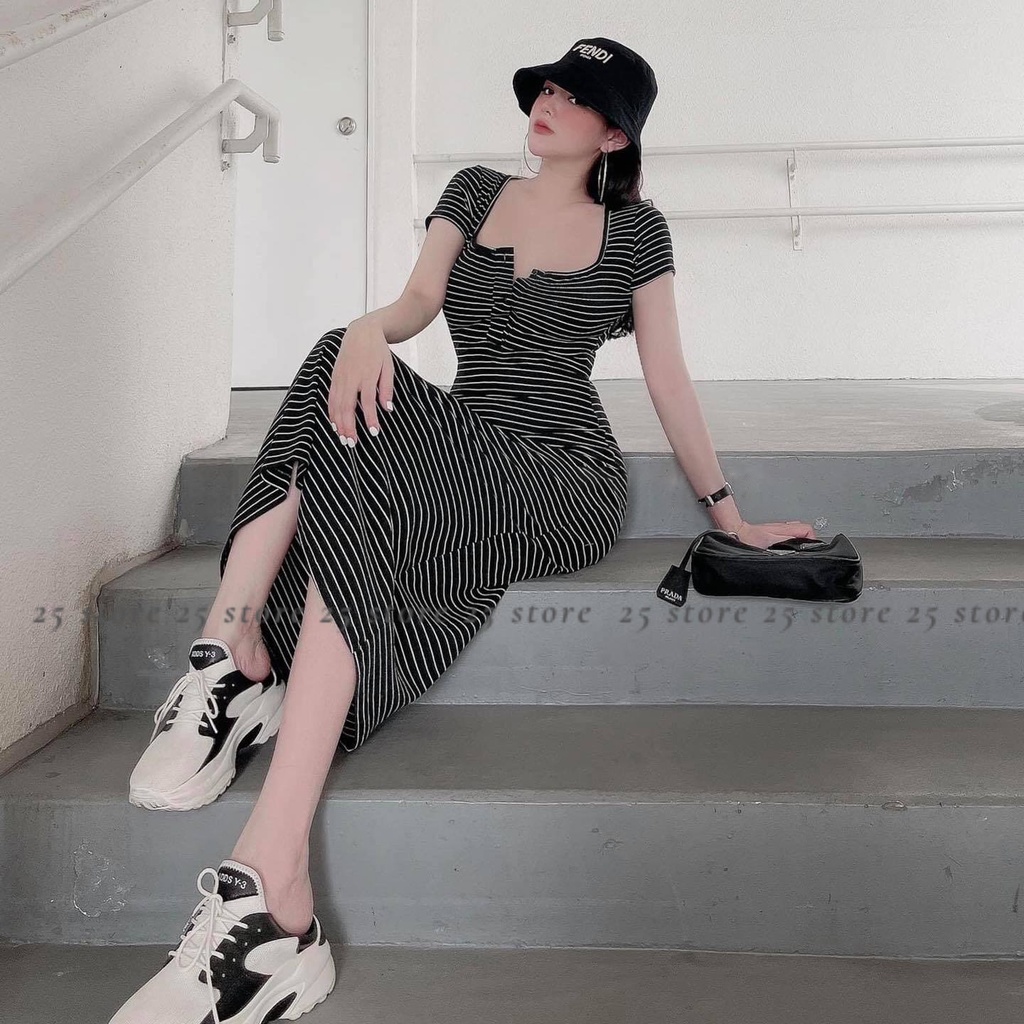 Đầm body dáng dài maxi nữ sọc vằn có cúc chất thun gân dày mịn - 25 STORE