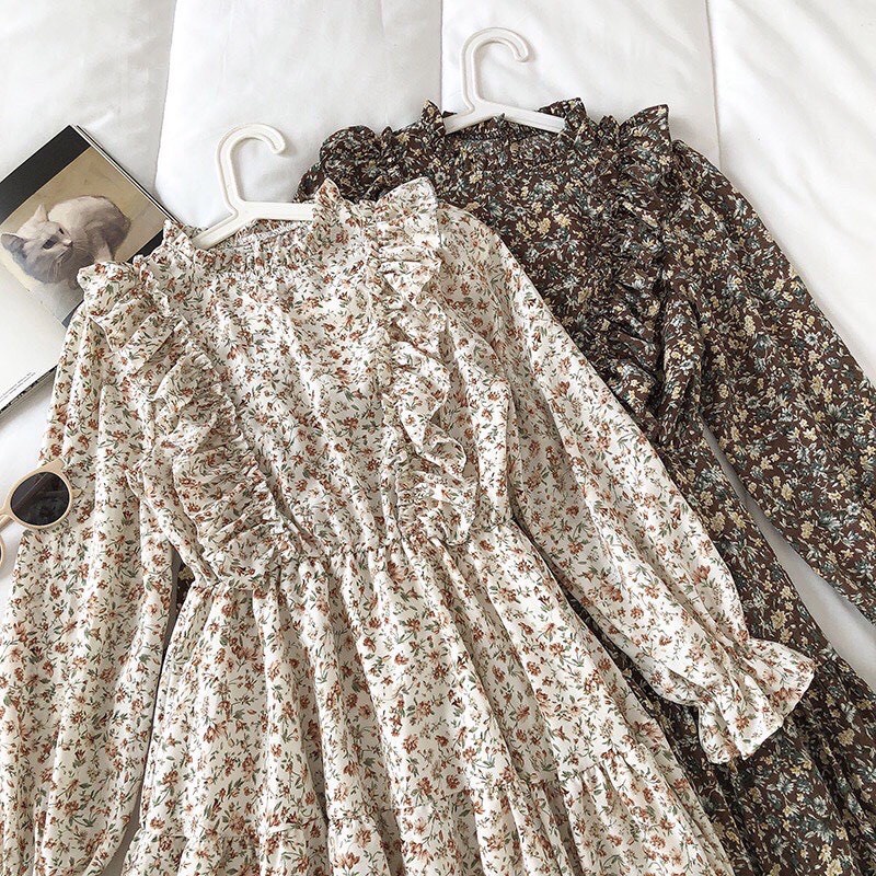 [Quà tặng là chun tóc nữ tính] Váy babydoll hoa nhí viền bèo Junnie Closet Đầm dáng xòe họa tiết chất lụa hàn ulzzang | BigBuy360 - bigbuy360.vn