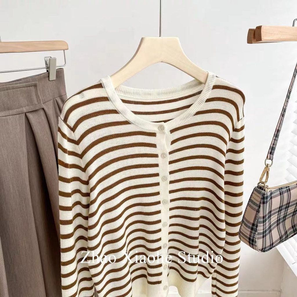 Áo Khoác Cardigan Dệt Kim Dáng Rộng Kẻ Sọc Kiểu Hàn Quốc Thời Trang Mùa Thu Cho Nữ
