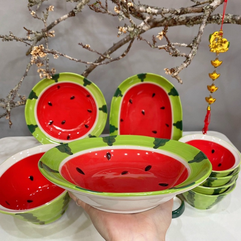 Bát Đĩa Sứ Decor Hoạ Tiết Dưa Hấu Đỏ 3D Chén Dĩa Sứ Ăn Cơm Phong Cách Bắc Âu