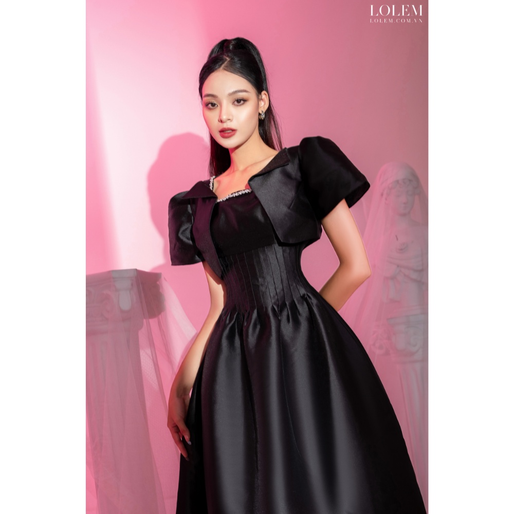 Đầm xòe dự tiệc LOLEM SV234 hai dây cổ vuông vải tafta bền không nhăn