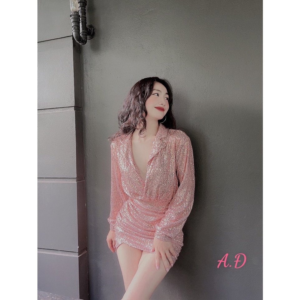 Đầm body kim sa xẻ ngực sexy