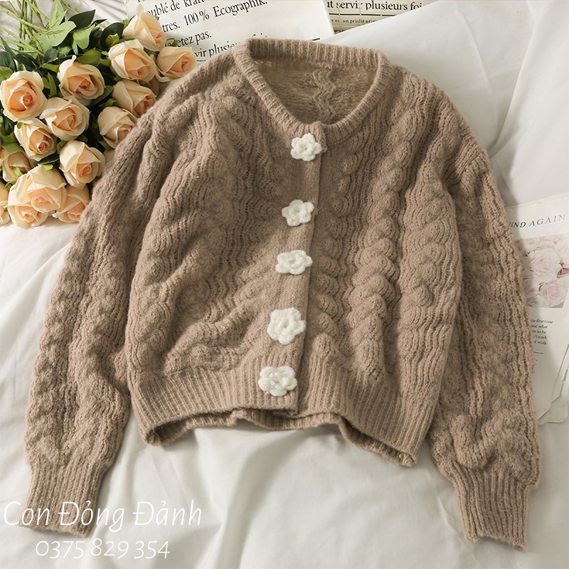 [ORDER] Áo len cúc hoa cổ tròn tay bồng nhẹ xinh Hàn Quốc móc thủ công sợi thưa Quảng Châu AO020 | BigBuy360 - bigbuy360.vn