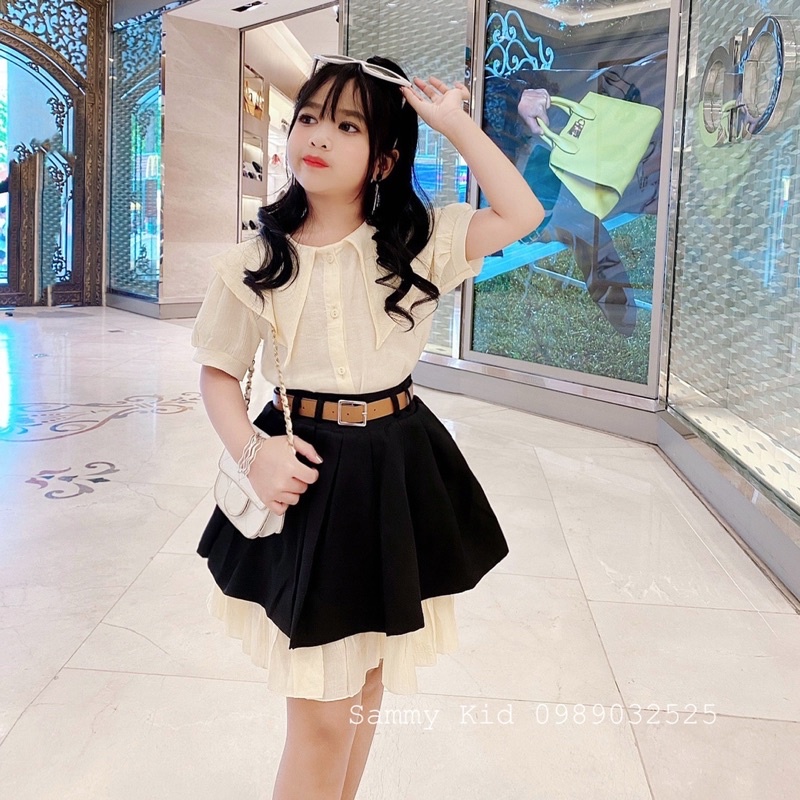 Set áo Tiểu thư Quần váy xoè tầng Kèm đai cho bé gái size đại 15-40kg nhẹ nhàng Sang chảnh