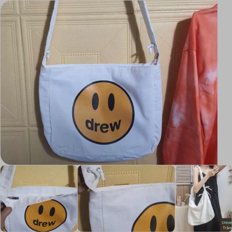 TÚI TOTE ĐEO CHÉO DÂY RÚT [CÓ KHÓA &amp; TÚI CON] - VẢI CANVAS MÀU TRẮNG