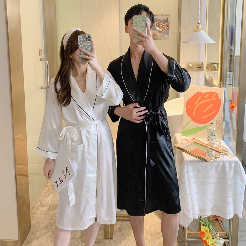 Áo choàng ngủ dài tay vải lụa mát size lớn mặc ở nhà và ngoài trời kiểu mùa thu đông thoải mái cho cả nam và nữ