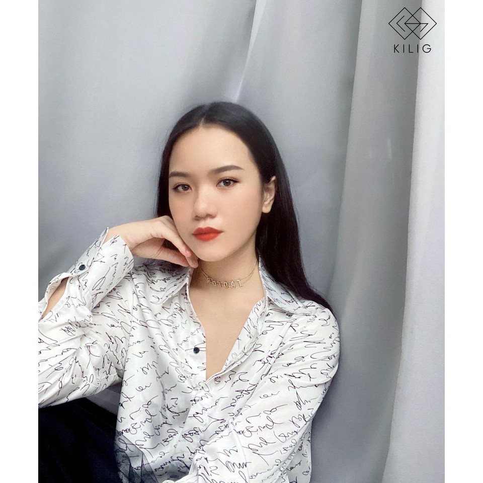 Áo sơ mi lụa hoạ tiết chữ thanh lịch, chất lụa cao cấp mặc mát, không nhăn