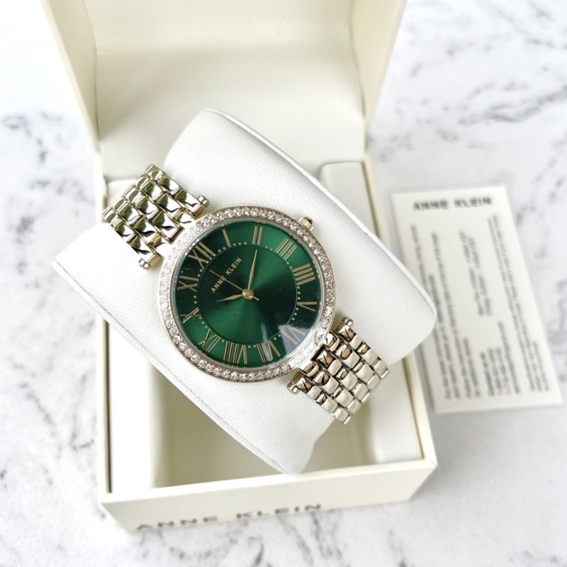 Đồng hồ nữ ANNE KLEIN viền pha lê Swarovski mặt xanh ngọc lục sang trọng model  AK/2230GNGB