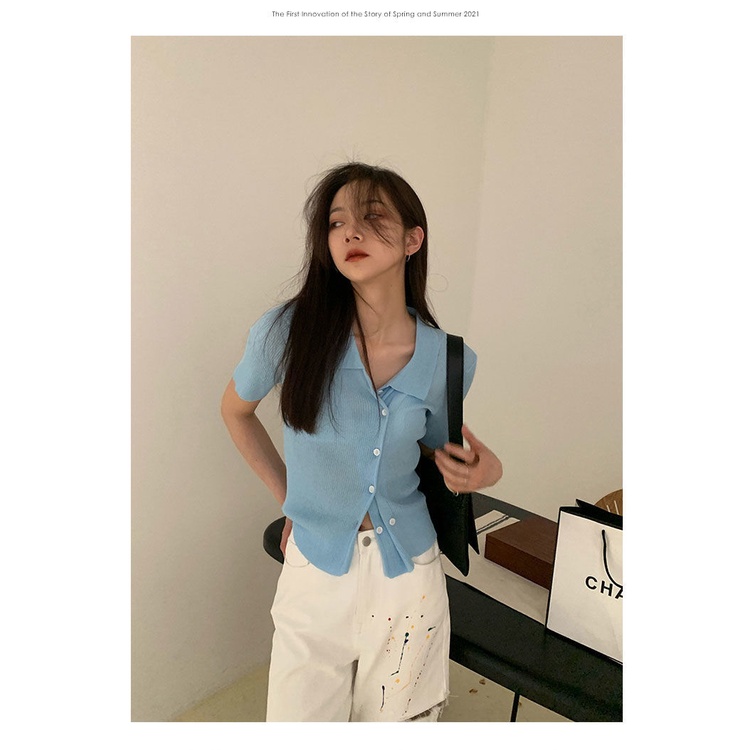 AMOI Áo Cardigan Dệt Kim Tay Ngắn Cổ Polo Phong Cách Hàn Quốc Mới Cho Nữ