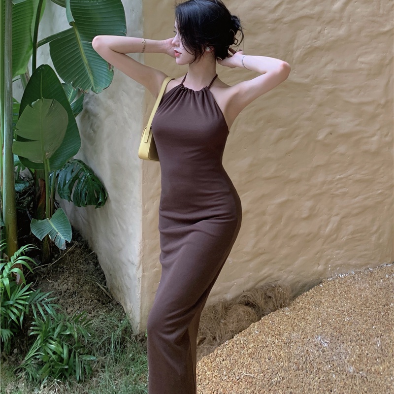 UIOWOO  Đầm Hai Dây Dài Qua Gối Phong Cách Hong Kong Thời Trang Mùa Hè Mới Dành Cho Nữ