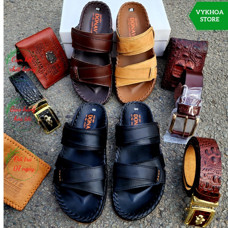 Dép quai ngang nam da bò cao cấp, 02 lớp da mềm mại, donavydela, kiểu 02 quai kép, may Handmade quai và đế rất chắc