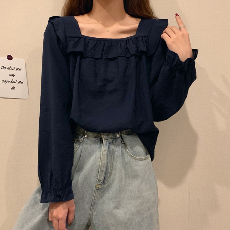 Áo Kiểu Tay Dài Cổ Vuông Phối Ren Màu Trơn Xinh Xắn Cho Nữ