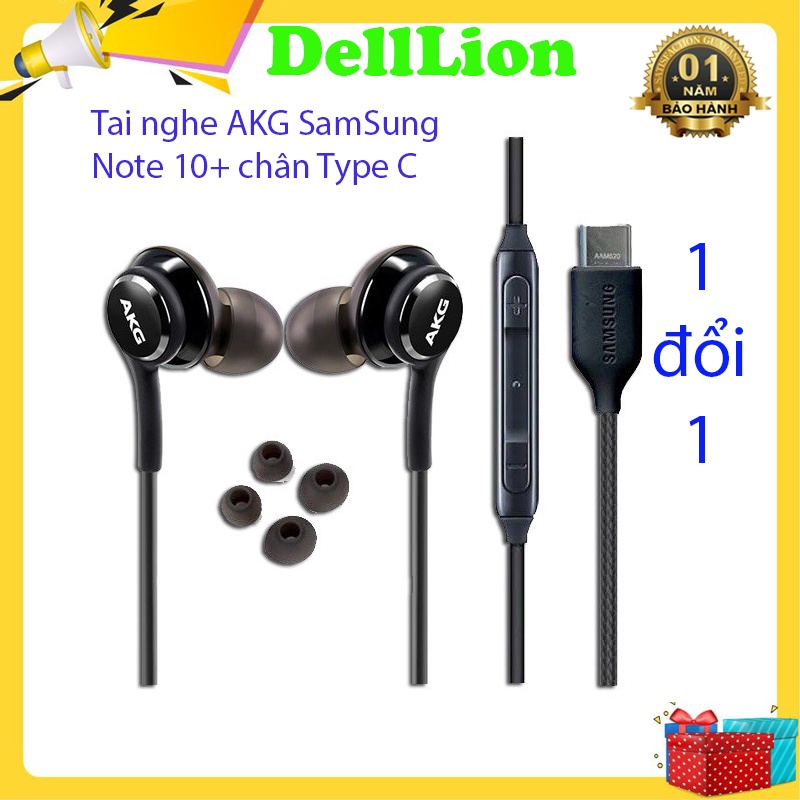 [Lỗi 1 Đổi 1] Tai Nghe SamSung Chân Dẹt Type-C Có Dây Chính Hãng Galaxy Note 10+  Âm Thanh Sống Động Màu Đen + 4 Núm Phụ